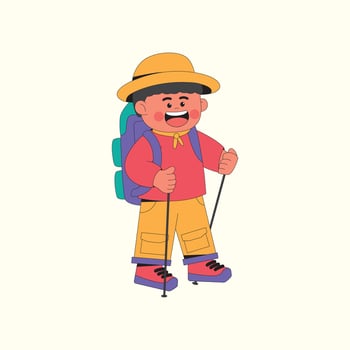 Boy hiking with backpack character illustration vector