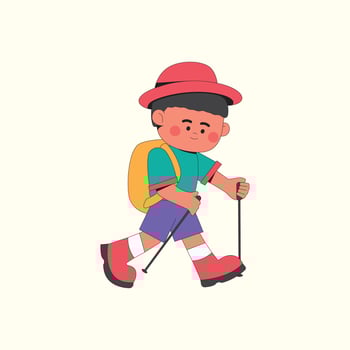 Boy walking with backpack and hat illustration vector