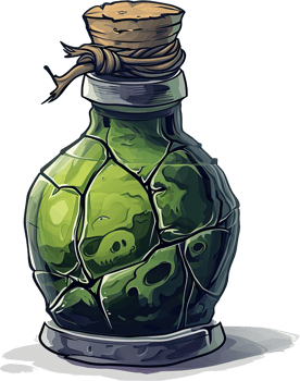 A Cracked Green Bottle Contains Skulls Inside png