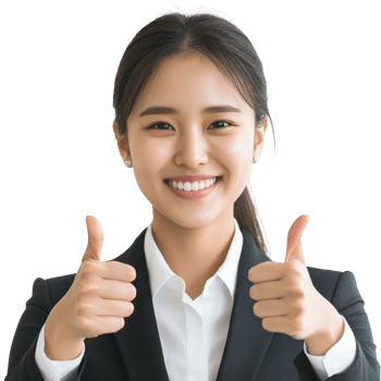 Smiling Asian Businesswoman Thumbs Up on transparent background. png