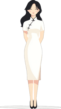 Smiling Woman in Elegant White Cheongsam Dress png