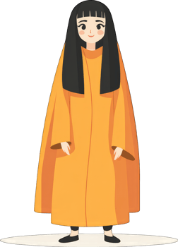 A girl in a long orange coat stands smiling png