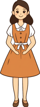 A smiling girl wearing an orange dress and white blouse png
