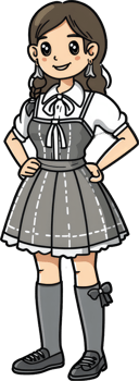 A cheerful cartoon girl in a grey dress and white blouse png