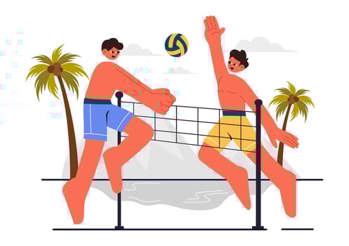 Flat Style Illustration of Players Enjoying Beach Volleyball in Swimsuits vector