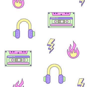 Seamless pattern with audio cassette and headphones. Multicolored elements on white background. Retro illustration with outline in 90s style. illustration. vector