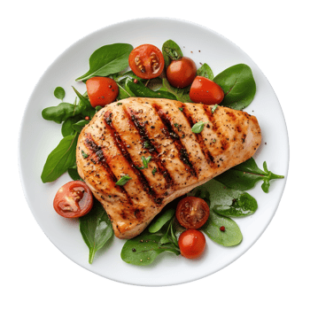 Grilled Chicken Breast with Veggies on transparent background. png