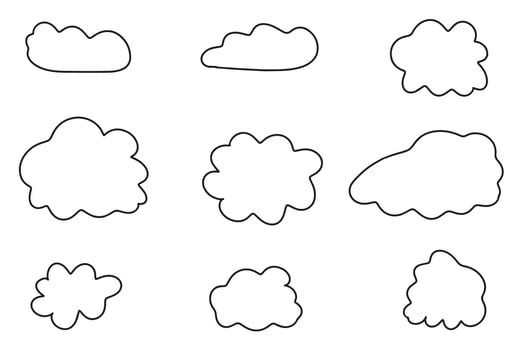White clouds of different shapes in doodle style. Hand drawn clouds. Cloudy abstraction on white background. illustration. vector