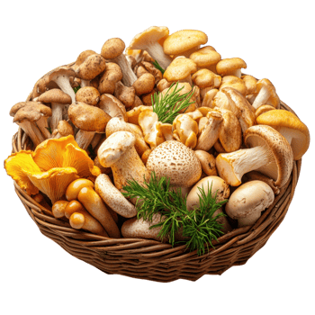 Gourmet Mushroom Basket Medley on transparent background. png