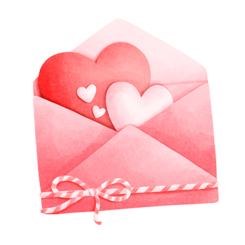 Watercolor painting of a red envelope with a red and white string tied at the bottom and a heart inside the envelope. png