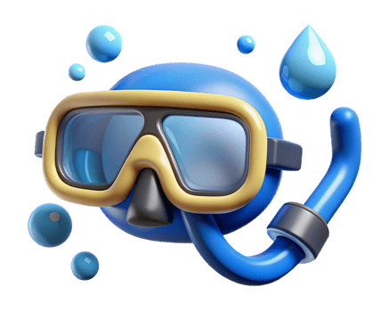 Cute Diving Mask Cartoon, Underwater Fun, 3D Render, Blue Sphere png