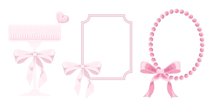 Illustration of pink girly vintage frame and bow set. Pink Champagne Glass. Ribbons isolated. Trendy girls accessories. Cute hairstyle elements collection vector