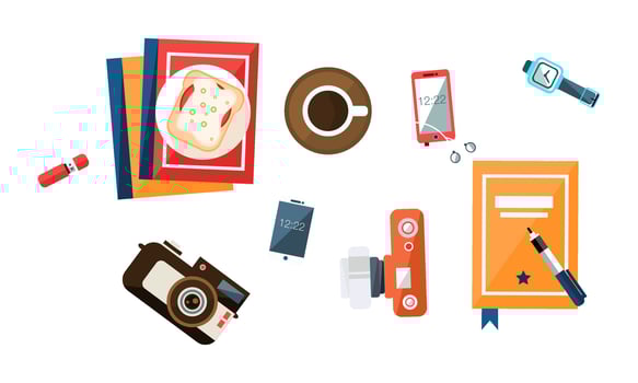 Workplace for Office Worker, Businessman, Freelancer, Desk Top View, Sandwich, Notebook, Camera, Flash Drive, Smartphone, Wrist Watch, Cup of Coffee Illustration vector