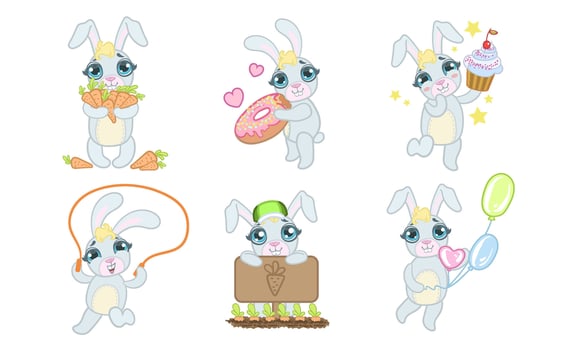Cute Adorable Bunny Cartoon Character Set, Cheerful Lovely Animal in Different Situations Illustration vector