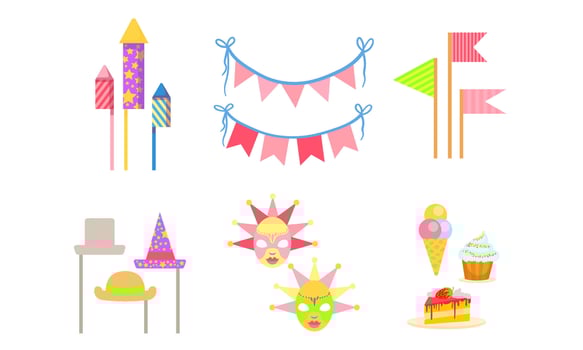 Party Symbols Set, Celebration Birthday, Carnival, Masquerade, Colorful Holiday Objects Illustration vector