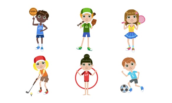 Kids Doing Different Kind of Sports Set, Boys and Girls Playing Volleyball, Basketball, Tennis, Golf, Soccer Illustration vector