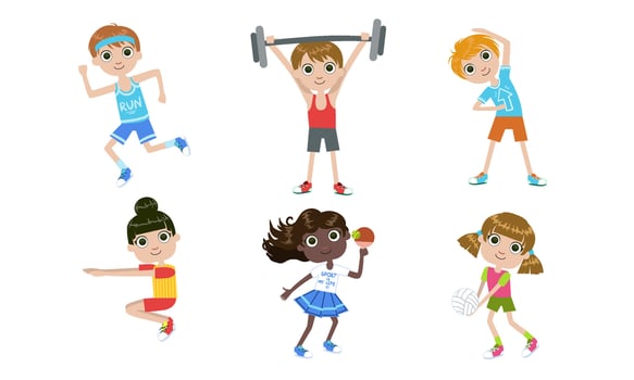 Kids Doing Different Kind of Sports Set, Boys and Girls Playing Table Tennis, Volleyball, Running, Exercising with Barbell Illustration vector