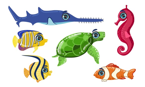 Cute Sea Creatures Collection, Colorful Adorable Ocean Animals and Fishes Illustration vector