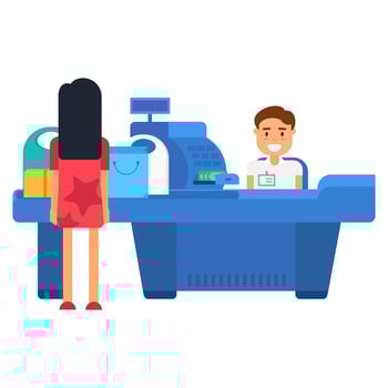 Girl Buyer Waits At Checkout For Cashier To Pay vector