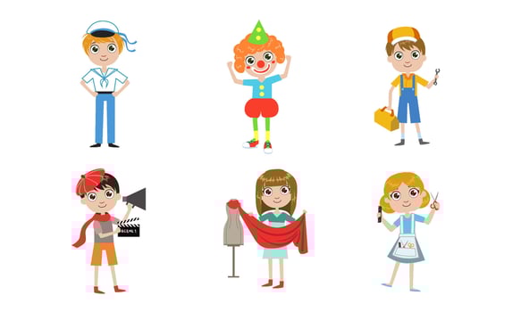 Kids of Different Professions Set, Sailor, Clown, Plumber, Tailor, Hairdresser, Director Illustration vector