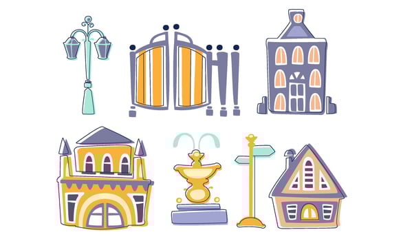 City Landscape Elements Set, Town Residential Houses, Fountain, Lantern, Signpost Hand Drawn Illustration vector