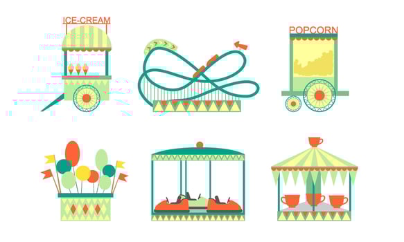 Amusement Park Attractions Icons Set, Roller Coaster, Ferris Wheel, Bumper Cars, Ice Cream and Popcorn Carts Illustration vector