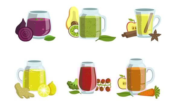 Fruit and Vegetables Smoothies Set, Detox Cocktails with Ingredients, Design Element for Cafe, Restaurant, Bar Menu Illustration vector
