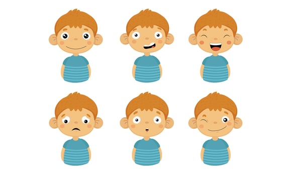Cute Boy Facial Emotions Set, Kids Face with Different Expressions, Boy Showing Moods Variety Illustration vector