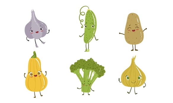 Cute Happy Vegetable Characters Set, Garlic, Cucumber, Potato, Zucchini, Broccoli, Onion Illustration vector