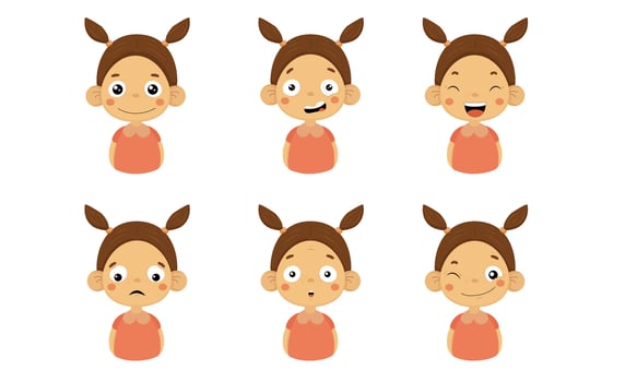 Cute Girl Facial Emotions Set, Kids Face with Different Expressions, Boy Showing Moods Variety Illustration vector