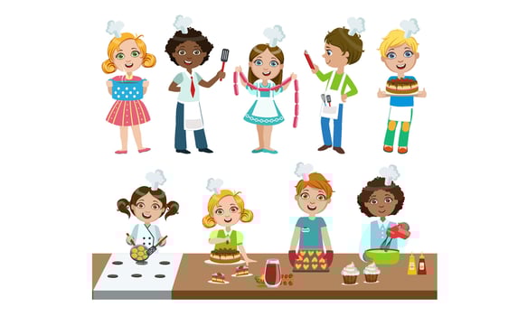 Cute Boys and Girls in Uniform Cooking in Kitchen Set, Kids Cooking Class Illustration vector