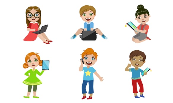 Kids with Gadgets Set, Smiling Boys and Girls Characters Using Tablet, Smartphone, Laptop Illustration vector