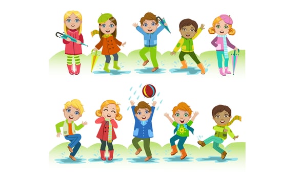 Cute Happy Kids Playing in the Rain Set, Boys and Girls Having Fun Outdoors Illustration vector