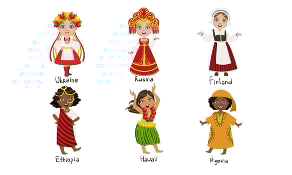 Kids in Traditional Costumes Set, Ukraine, Russia, Finland, Ethiopia, Hawaii, Nigeria Illustration vector