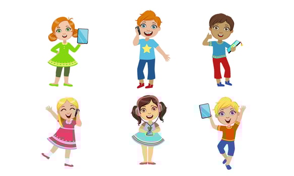 Kids with Gadgets Set, Cute Smiling Boys and Girls Characters Using Tablet, Smartphone, , Media Player Illustration vector
