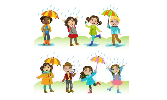 Kids Playing in the Rain Set, Happy Boys and Girls Having Fun Outdoors Illustration vector