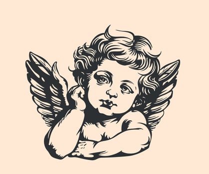 Baby angel line drawing. Isolated . Cherub wings. illustration vector