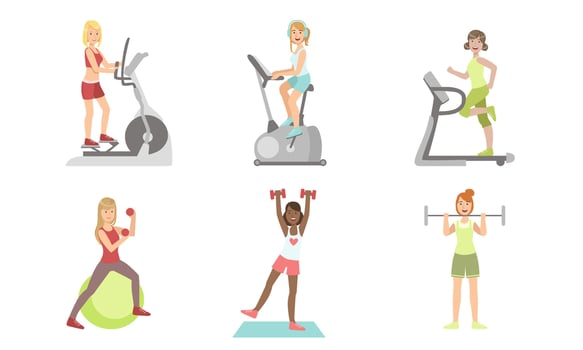 Young Women Doing Fitness Exercises in Gym Set, Girls Training with Treadmill, Exercise Bike, Dumbbells and Barbell Illustration vector