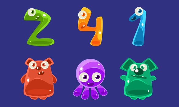 Collection of Jelly Creatures and Numbers, Glossy Colorful Cute Animals Illustration vector