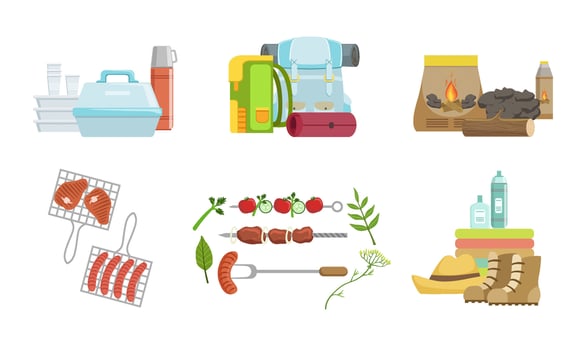 Picnic and Camping Equipment Set, Touristic Equipment and Accessories Illustration vector