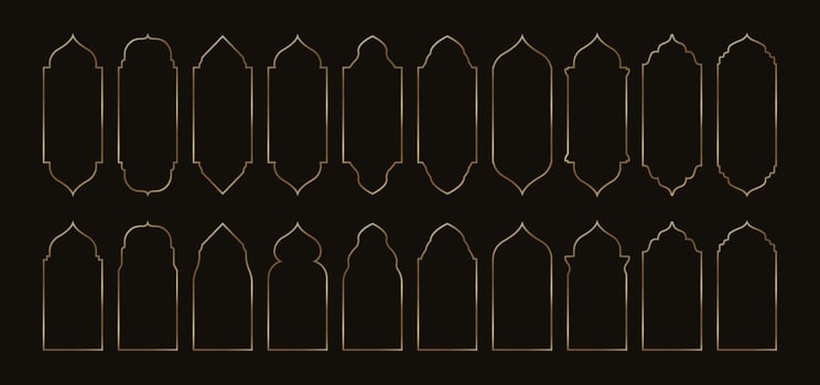 Gold Islamic windows. Arabic golden arch, Ramadan Kareem frames. Eid Mubarak oriental mirror borders, Arabian architecture door and gate. isolated set vector