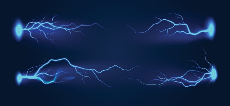 Realistic blue lightning. Thunder storm flash horizontal lightnings. Electric strike, thunderbolt bright light effect, power energy charge. isolated set vector