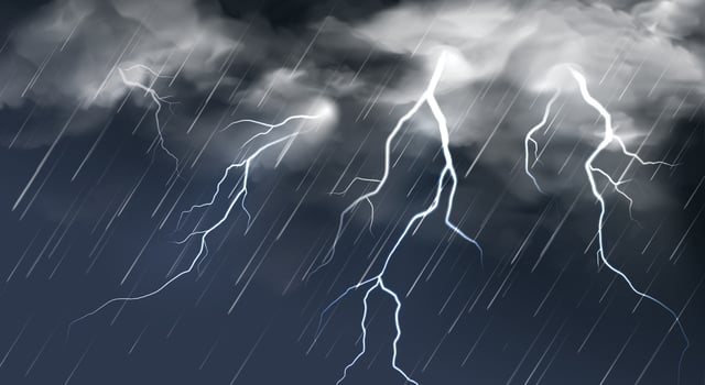 Realistic rain with lightning. Thunderclouds and lightnings on dark sky. Rainy thunderstorm autumn weather. Thunderbolts in overcast sky background vector
