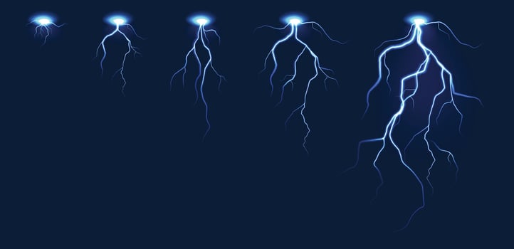 Lightning animation. Lightnings sprite sheet, thunderbolt purple strikes, realistic thunderstorm electric impact. game fx animation storyboard isolated set vector