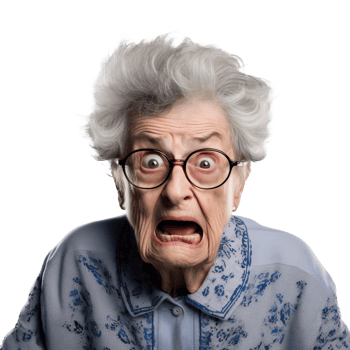 Shocked elderly woman with glasses, isolated on transparent png