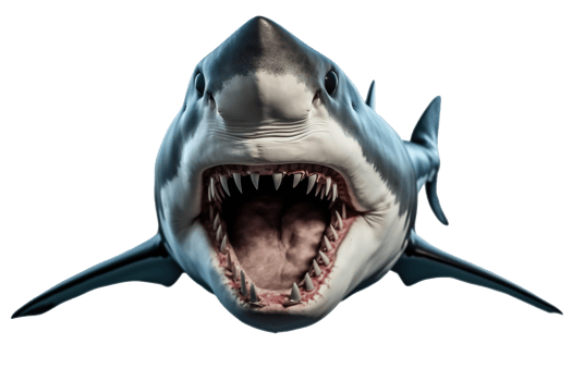 Front view of a great white shark with open mouth, isolated on transparent png