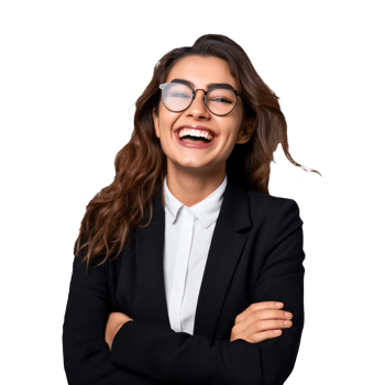 Joyful businesswoman with glasses laughing, isolated on transparent png