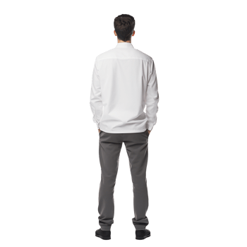 Man in a white shirt and gray pants viewed from behind, isolated on transparent png