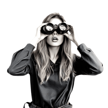 Woman looking through binoculars, isolated on transparent png