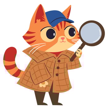 Flat illustration in a simple children's style. Cute ginger kitten private detective looking through magnifying loupe. vector